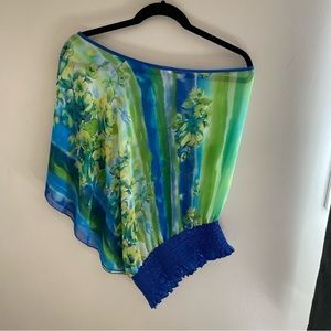 Costa Blanca One Shoulder Chiffon, Flowy, Ruched Satin Hem Blouse, Size Med